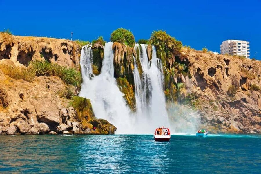 Antalya Boat Tour: Düden Waterfall, Swim & Soft Drinks - Lower Düden Waterfall from Kundu: the view that makes this tour worth it